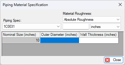 The Piping Material Specification window for bulk pipe property editing.